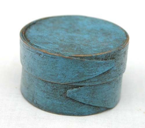 rare 2" round miniature pantry box in blue paint: rare 2" round miniature pantry box in blue paint