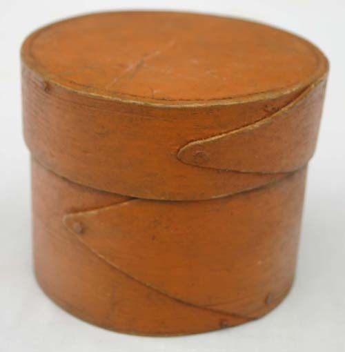 ca 1870's 4 1/8" round small fingered pantry box i: ca 1870's 4 1/8" round small fingered pantry box in pumpkin colored paint