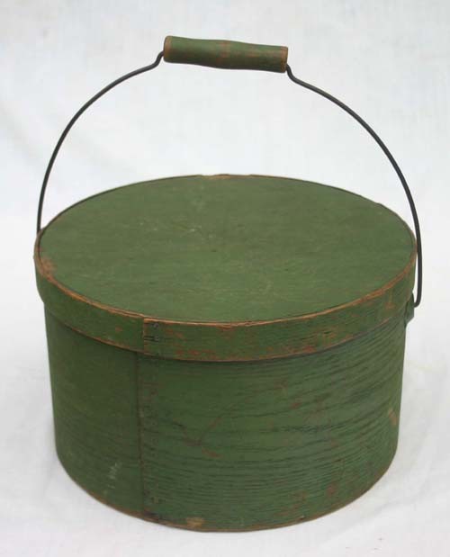 ca 1870's old green painted bail handled round pan: ca 1870's old green painted bail handled round pantry box - 11" diam