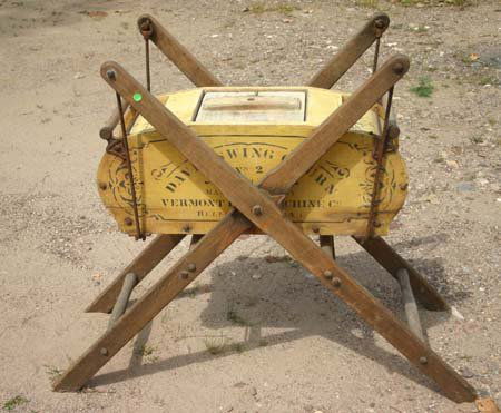 all orig yellow painted & black stencilled 19thC ": all orig yellow painted & black stencilled 19thC "Davis Swing Churn No. 2" Bellows Falls VT butter churn