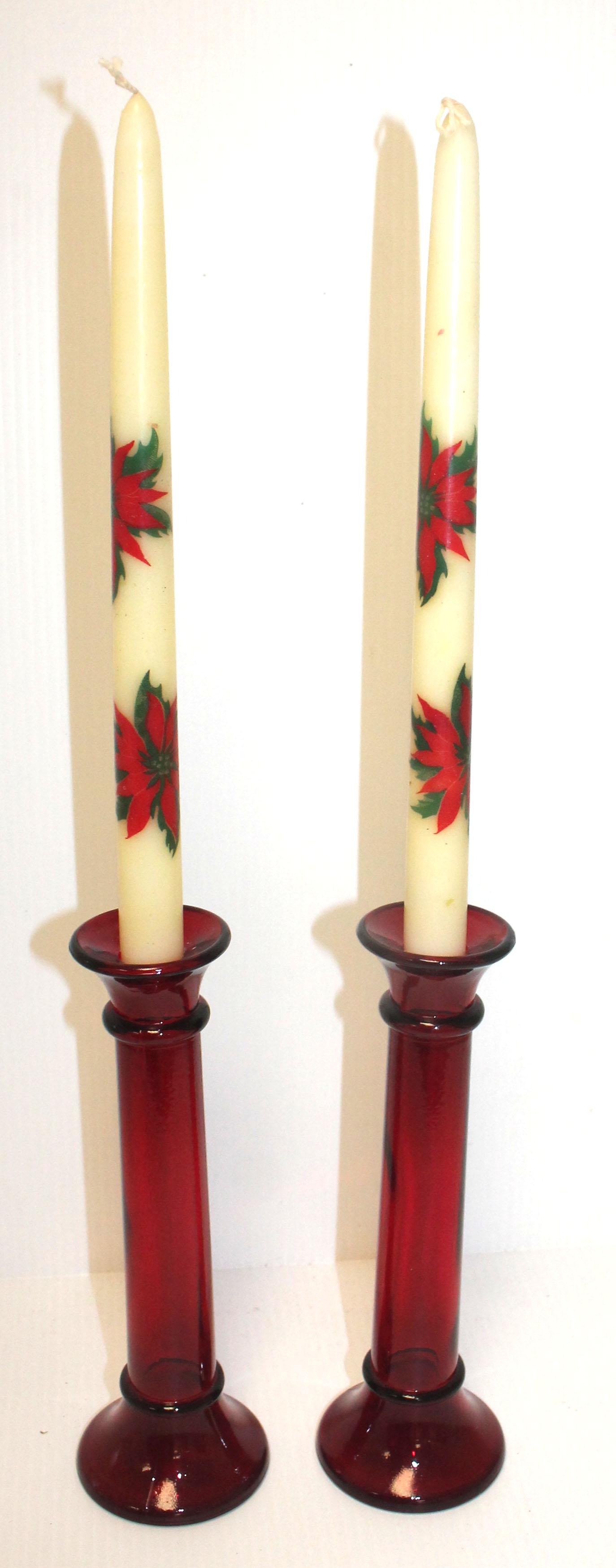 pr of ruby flash glass candlesticks w 2 poinsettia dec (1 of 5)