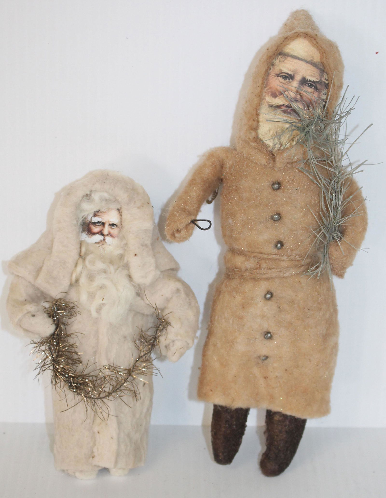 2 primitive handmade Santas w scrap paper faces & (1 of 4)