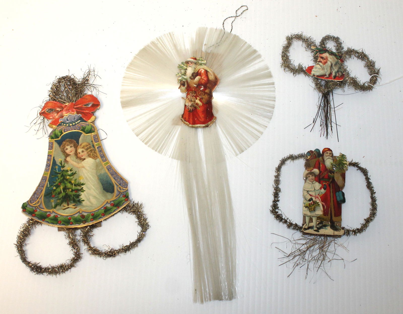 Victorian scrap paper & tinsel Christmas decorations ca: Victorian scrap paper & tinsel Christmas decorations ca 1900-1910 incl 1 w spun glass