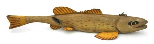 antique wood carved & orig painted 12" long lead we: antique wood carved & orig painted 12" long lead weighhted fish decoy w tin fins