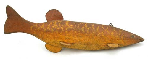antique wood carved & orig painted 8 1/2" long lead: antique wood carved & orig painted 8 1/2" long lead weighted fish decoy w tin fins