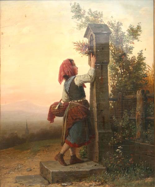 Johann Georg Meyer Von Bremen (1813-1886) 20 1/2 x : Johann Georg Meyer Von Bremen (1813-1886) 20 1/2 x 17 o/c genre of a young girl placing flowers in a veneration grotto w village & landscape background
