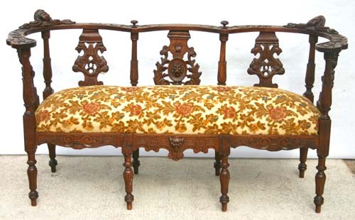 most ornate antique carved walnut settee w griffin: most ornate antique carved walnut settee w griffin, lion & cherub faces - 54" long