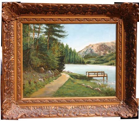 B.A. Van Beek 13x16 1/4 o/c late 19thC lake & moun: B.A. Van Beek 13x16 1/4 o/c late 19thC lake & mountain landscape in fine vintage frame