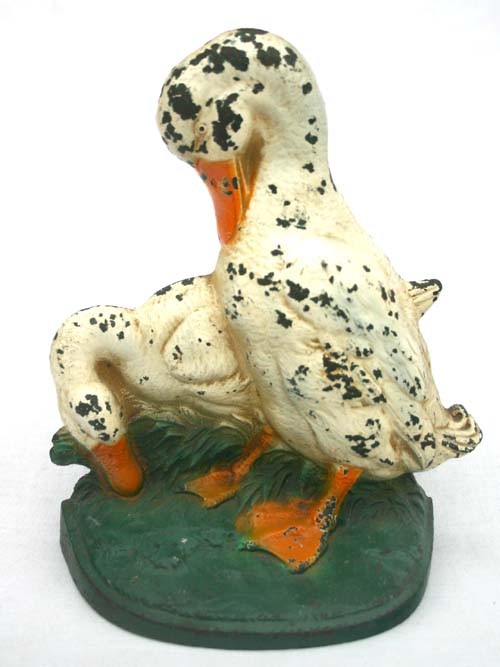 antique cast iron ducks figural doorstop in orig p: antique cast iron ducks figural doorstop in orig paint - 8 1/2" tall