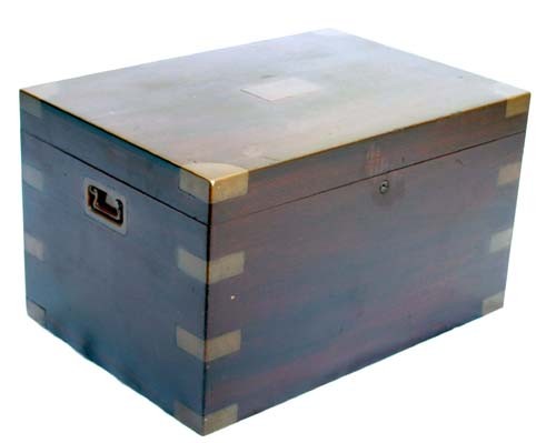 lg late 19thC campher wood brass bound porcelain l: lg late 19thC campher wood brass bound porcelain lined humidor w campaign hardware - 19 1/2" wide x 13 1/2" deep x 11 1/2" tall