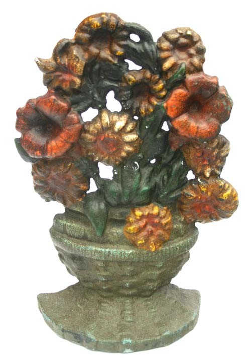 antique cast iron basket of flowers doorstop in or: antique cast iron basket of flowers doorstop in orig paint - 9" tall