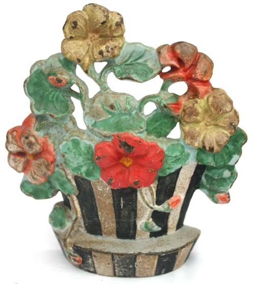 antique cast iron basket of Nasturtiums doorstop i: antique cast iron basket of Nasturtiums doorstop in orig paint - 7 1/2" tall