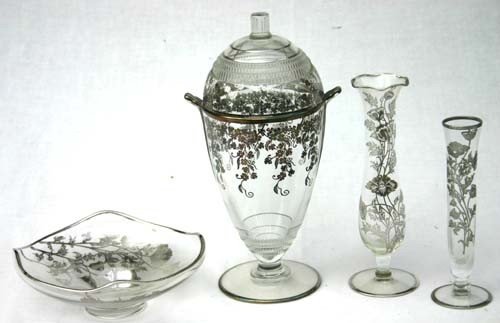 lot of 4 pcs of silver overlay glass incl 2 bud va: lot of 4 pcs of silver overlay glass incl 2 bud vases & 2 candy bowls