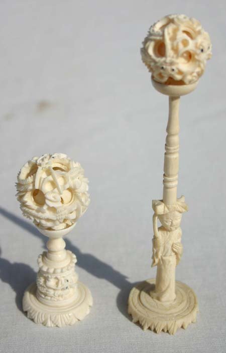 lot of 2 ivory carved mystery balls on stands - 3": lot of 2 ivory carved mystery balls on stands - 3" & 5 1/2" tall