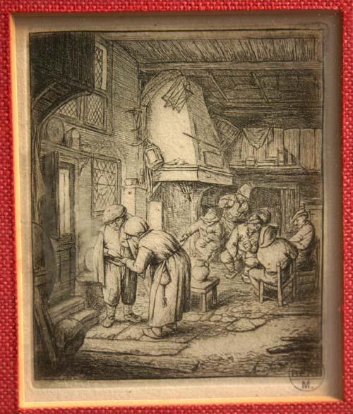 Adriaen Van Ostade (1610-1685) etching "The peasan: Adriaen Van Ostade (1610-1685) etching "The peasant Settling his debt" w deaccession stamp from Berlin Museum lower right - 4 1/4 x 3 3/4" sight size