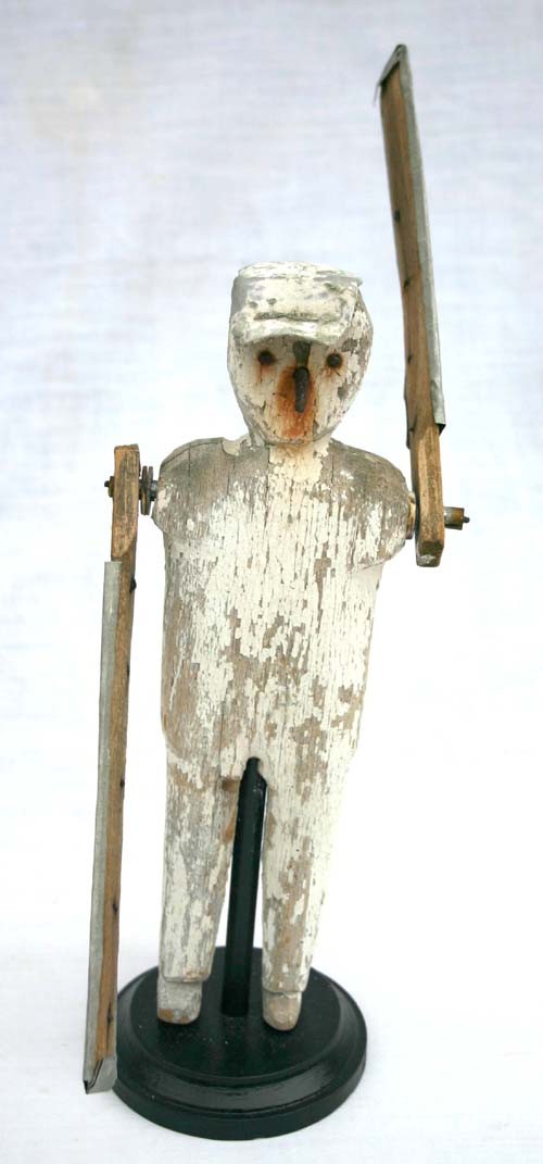 early 20thC wooden carved white washed folky whirli: early 20thC wooden carved white washed folky whirligig of a painter or workman w hat - figure is 10 1/2" tall