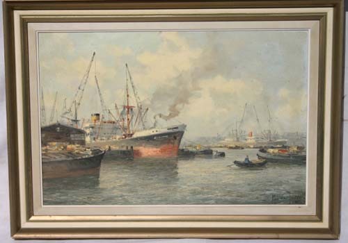 Marius Johann de Jongere (Dutch 1912-1978) 16x24 o/: Marius Johann de Jongere (Dutch 1912-1978) 16x24 o/c of multiple ships in a harbor w man in a row boat