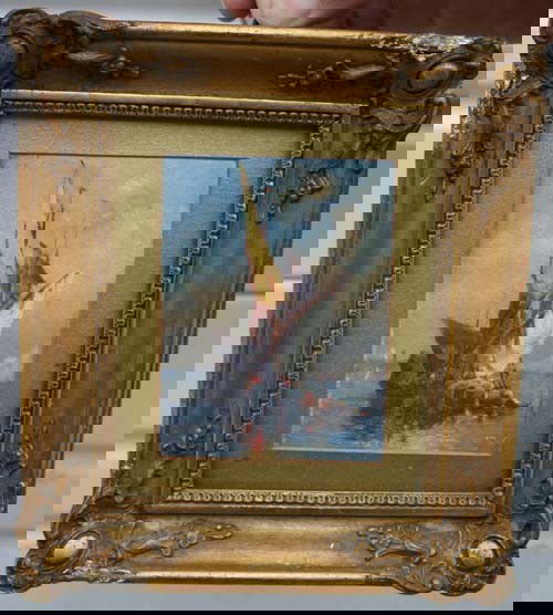 Felix Ziem (1821-1911) wonderful miniature 3 5/8": Felix Ziem (1821-1911) wonderful miniature 3 5/8" x 2 3/4" (s.s.) o/paper marine scene in possibly orig hand carved & gilded frame (much information on verso plus comes with an old hand written note i