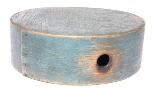 Rare early 19thC round wooden military canteen in: Rare early 19thC round wooden military canteen in blue paint - 9" diam