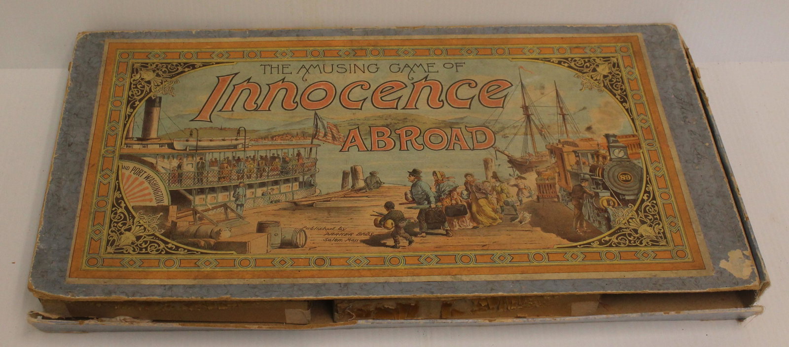 Antique Parker Bros "The Amusing Game of Innocence: Antique Parker Bros "The Amusing Game of Innocence Abroad" board game in orig box (box as found)