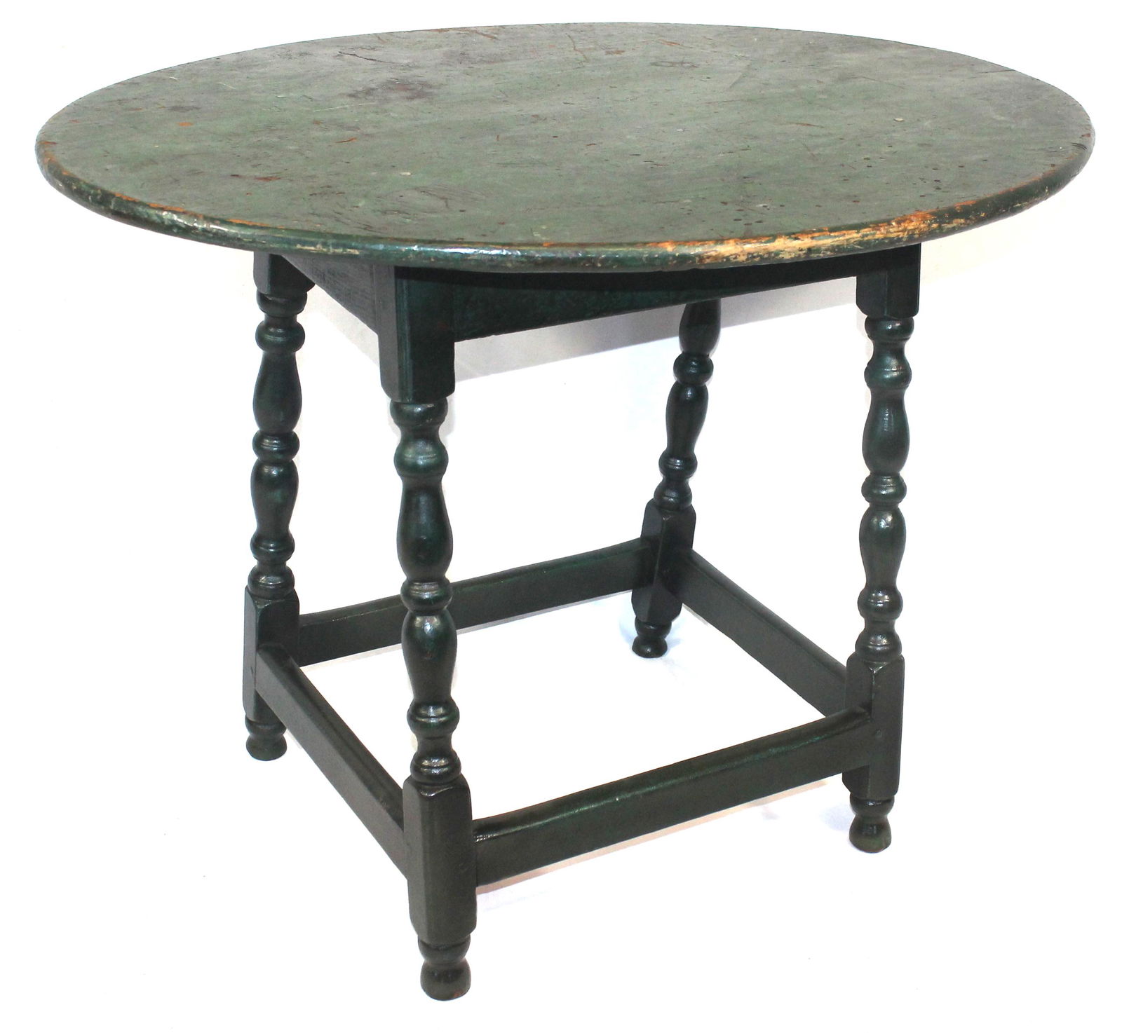 18thC New England stretcher based tavern table in green (1 of 5)