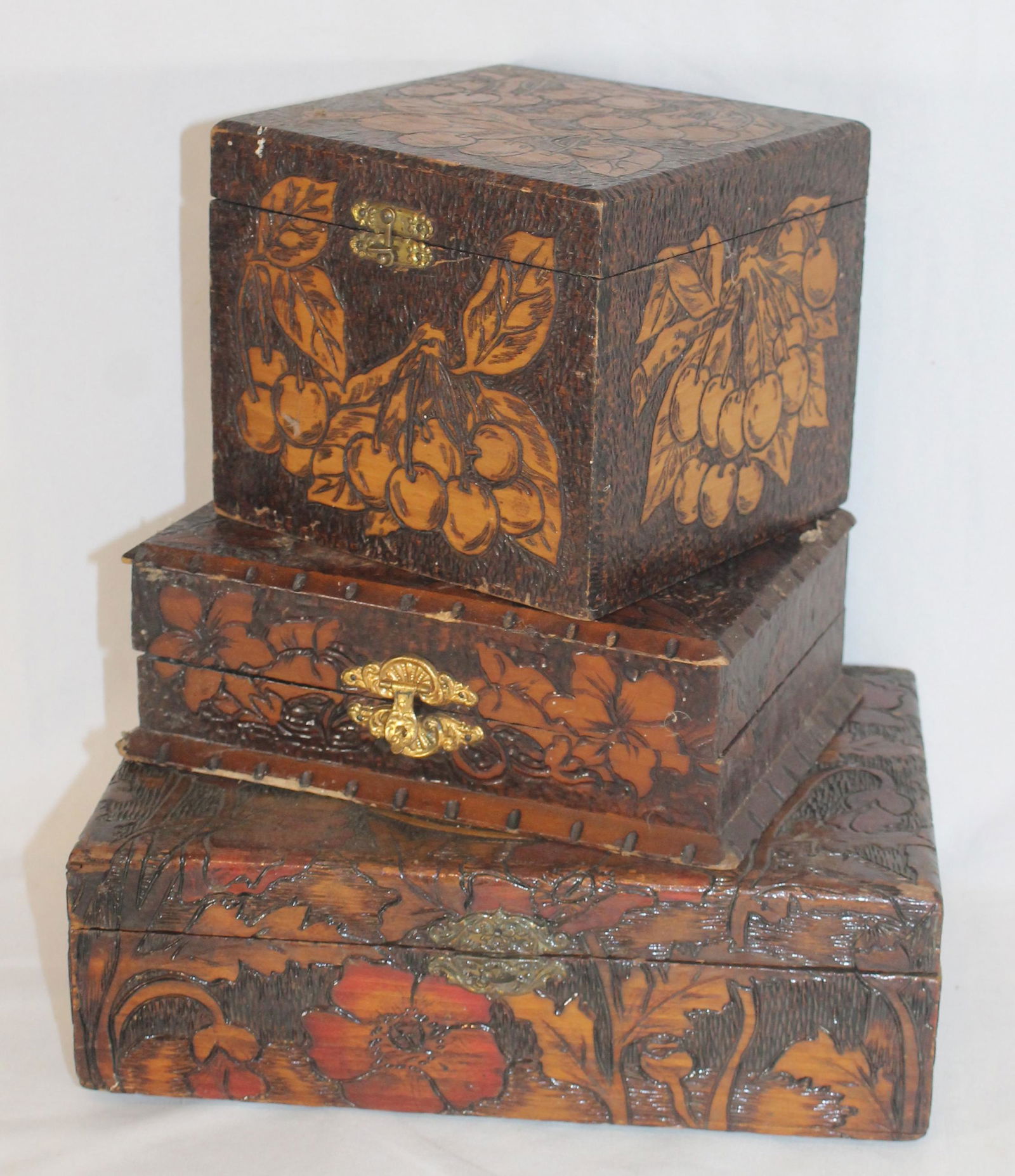 3 Pyrography dec valuables boxes - aprox 6"square, 8 (1 of 12)