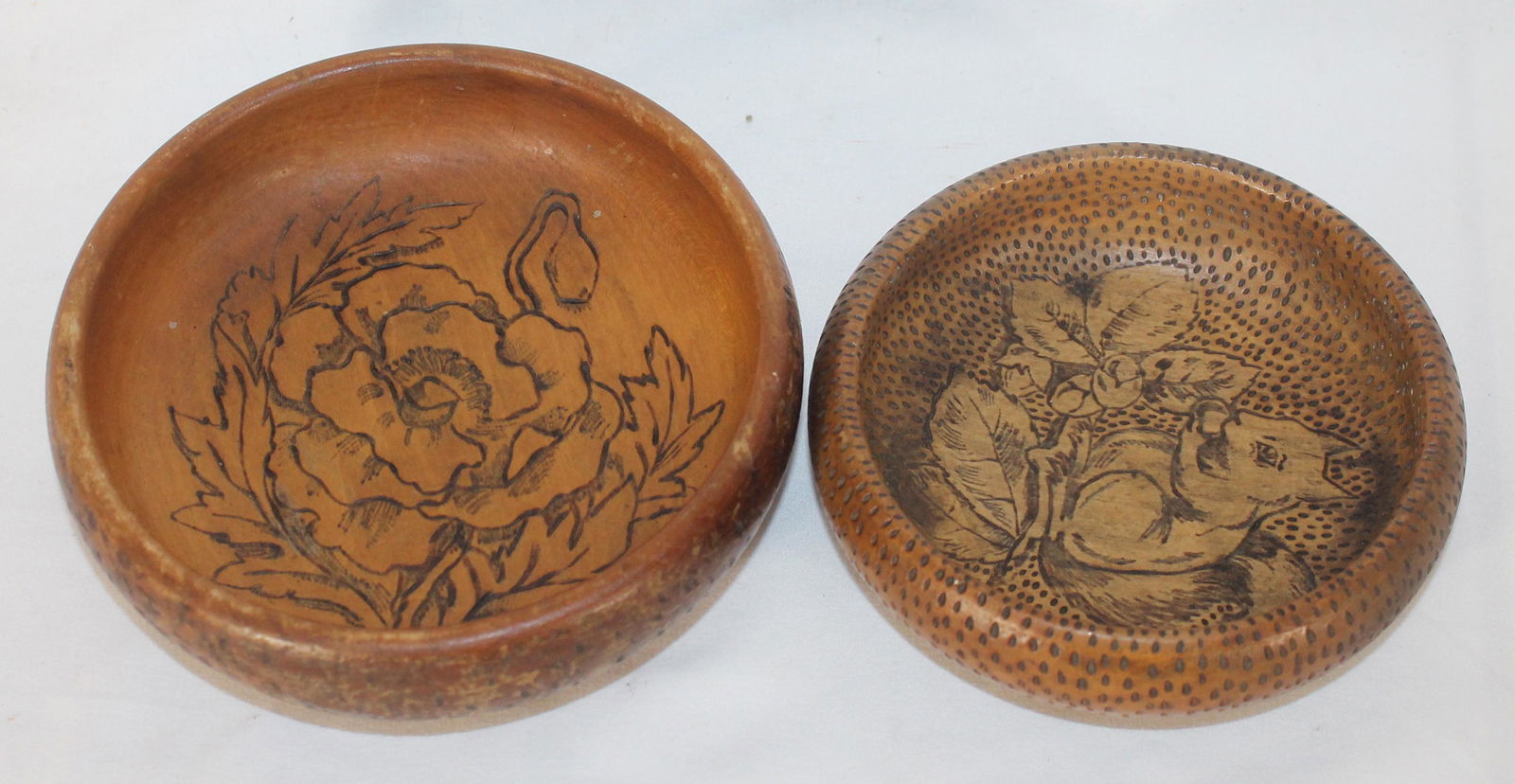 2 Pyrography bowls - 1 w squirrel w nut dec & the other (1 of 4)