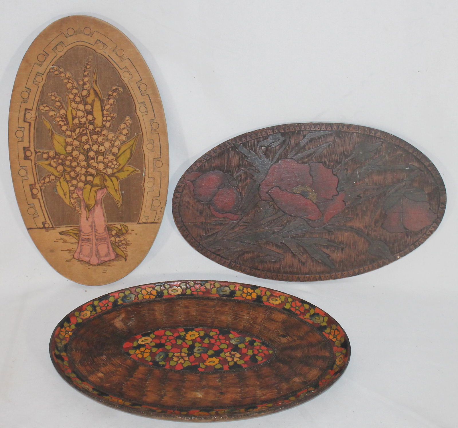 Pyrography lot of 3 oval floral dec items incl 2 wall (1 of 7)