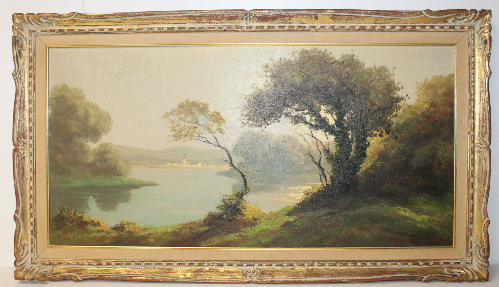 sgnd Mery 16"x32" o/c of a French landscape w village: sgnd Mery 16"x32" o/c of a French landscape w village in background