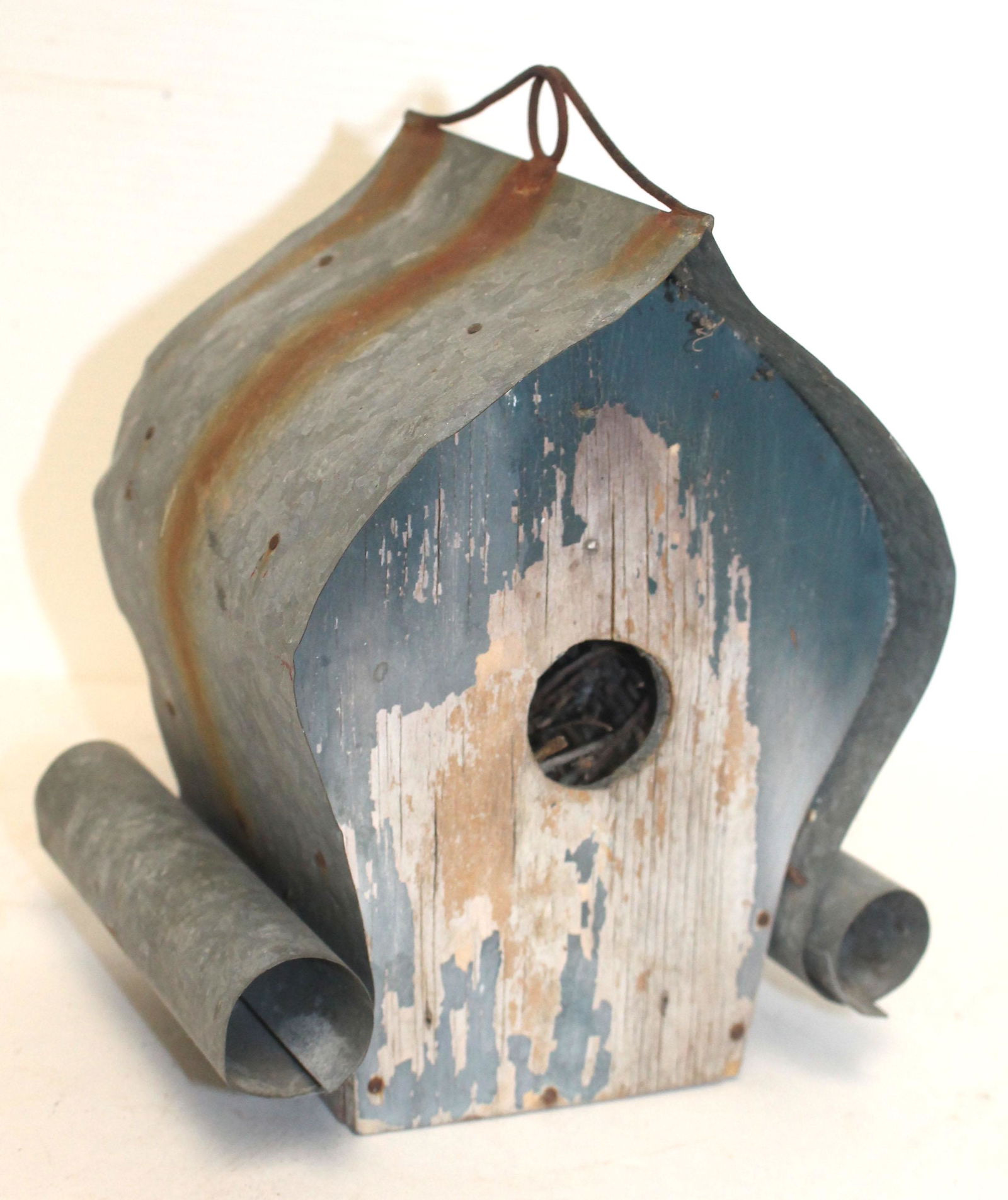 Vintage rolled tin roof bird house - 8 1/2" tall x 6 (1 of 3)