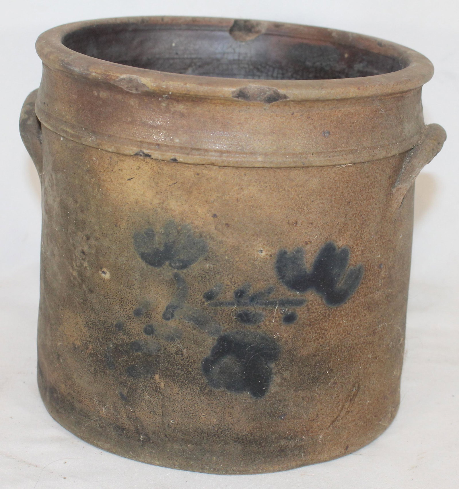 Antique stoneware cobalt floral dec crock - as found -: Antique stoneware cobalt floral dec crock - as found - 7 1/2" diam x 7 1/4" tall