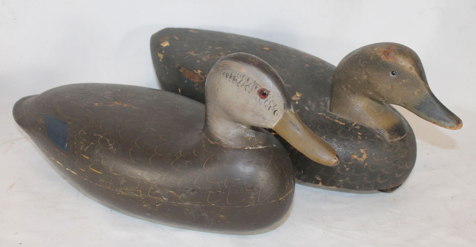 2 carved wooden & painted duck decoys - 15" long (1 of 8)