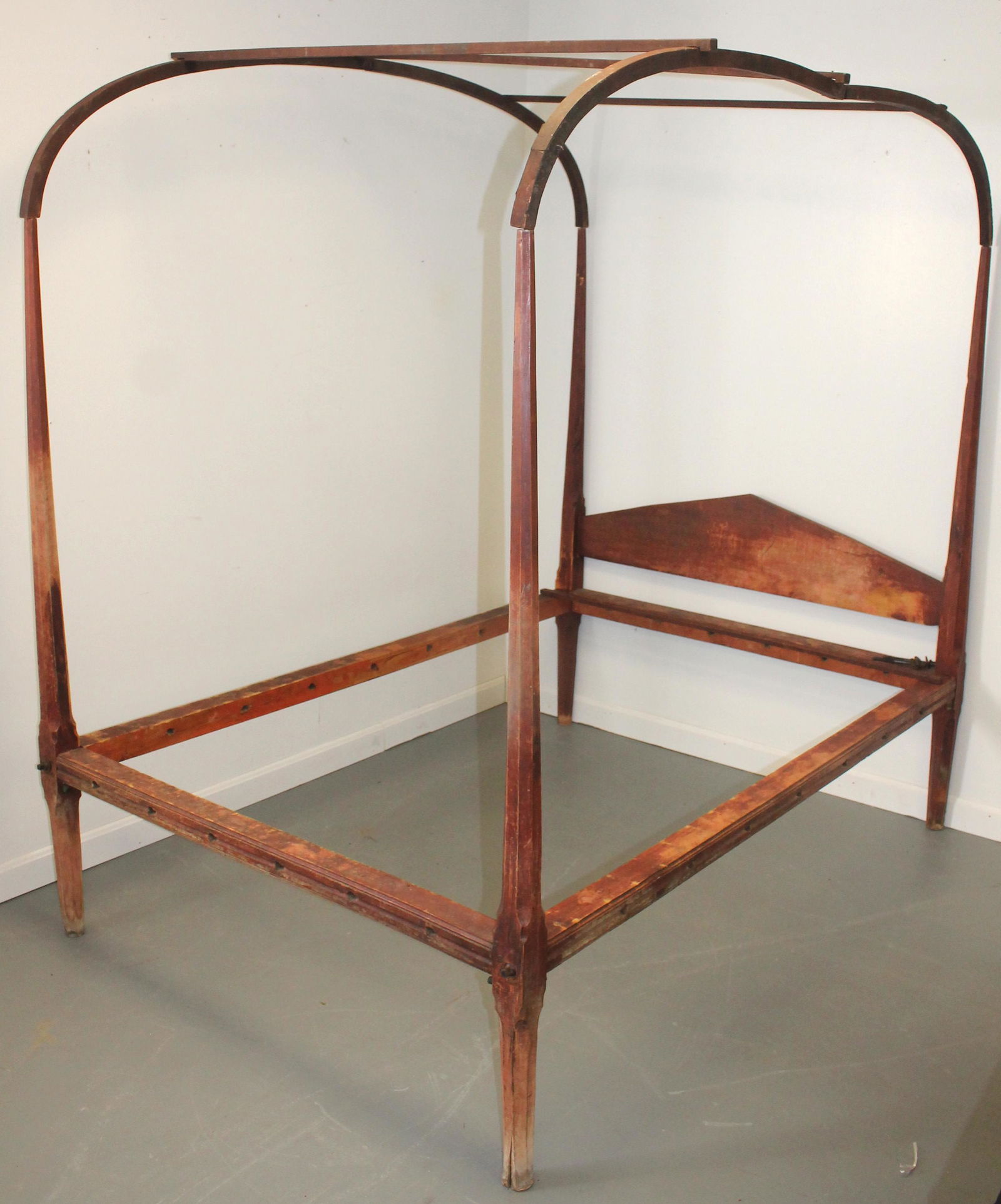 18thC tall post canopy bed in orig red paint - 51" wide (1 of 6)