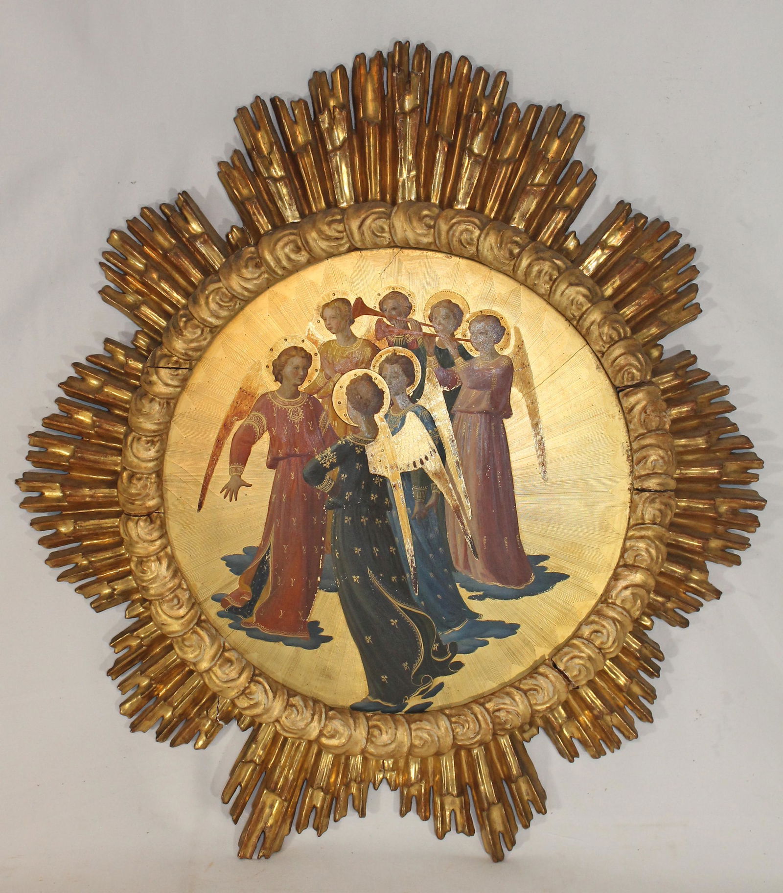 Antique o/panel depicting angels w trumpets in carved (1 of 3)