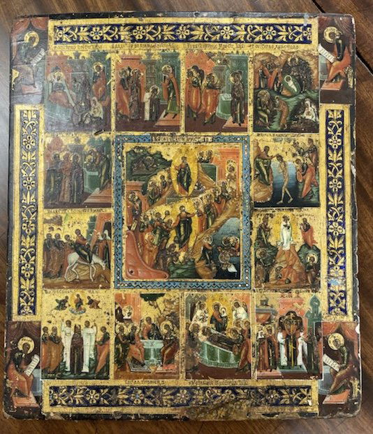 Antique wooden painted Russian Icon - 14"x12 1/4" (1 of 2)