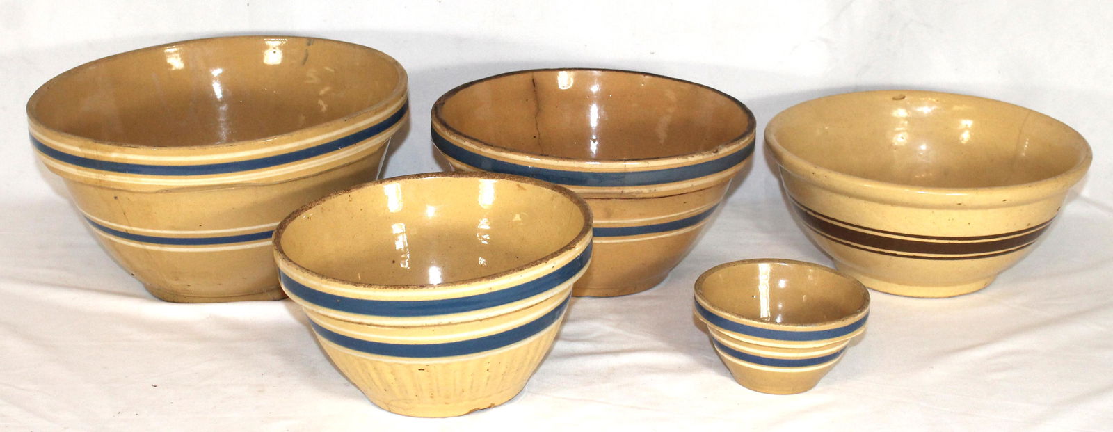 lot of 5 antique yellowware bowls w blue stripe dec - (1 of 6)