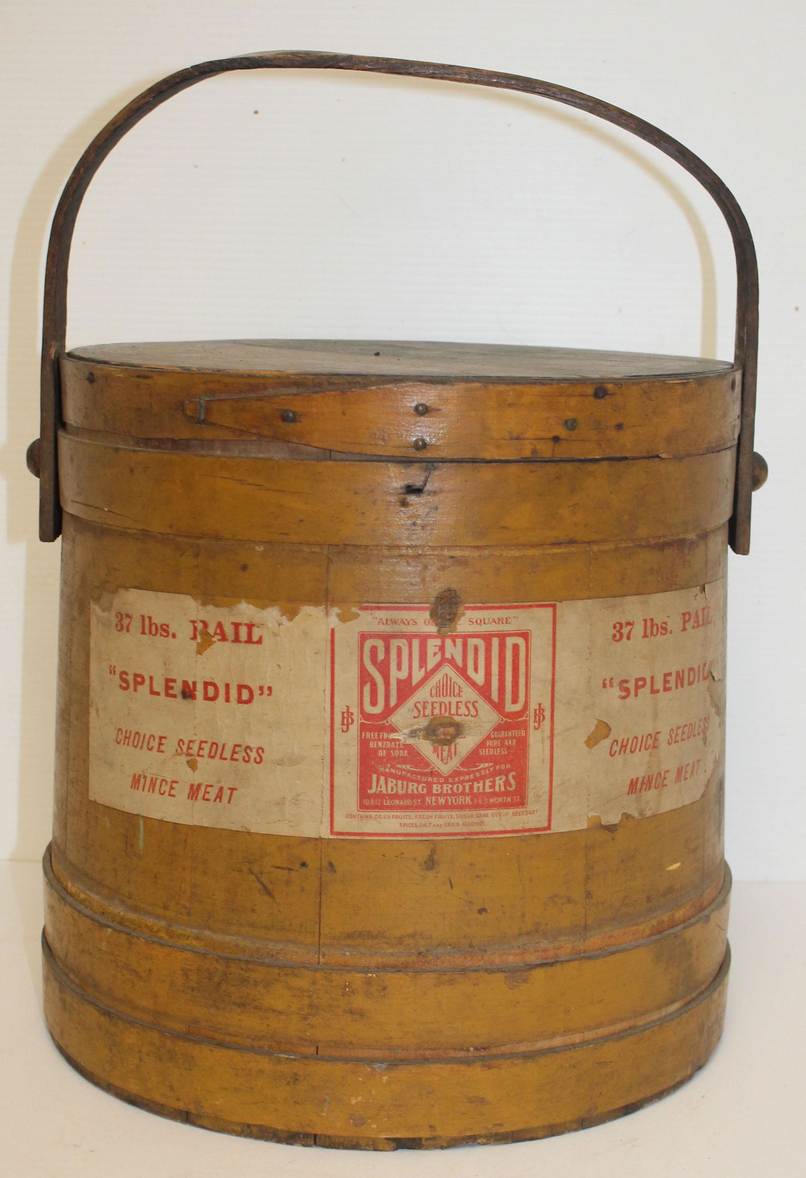 Antique firkin in mustard paint w label - 11 3/4" diam (1 of 7)