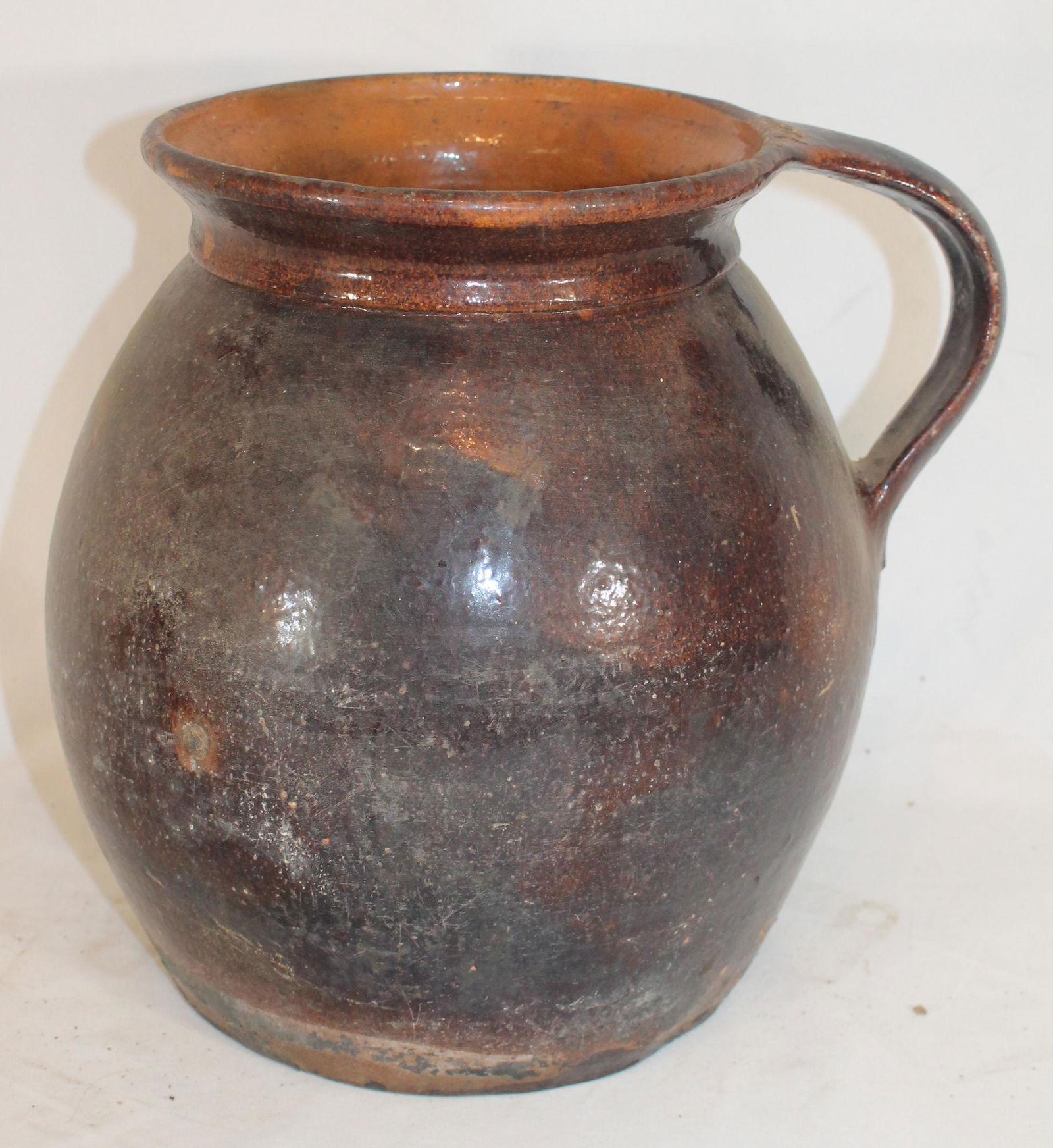 Lg antique redware pitcher - as found - 11" tall (1 of 7)