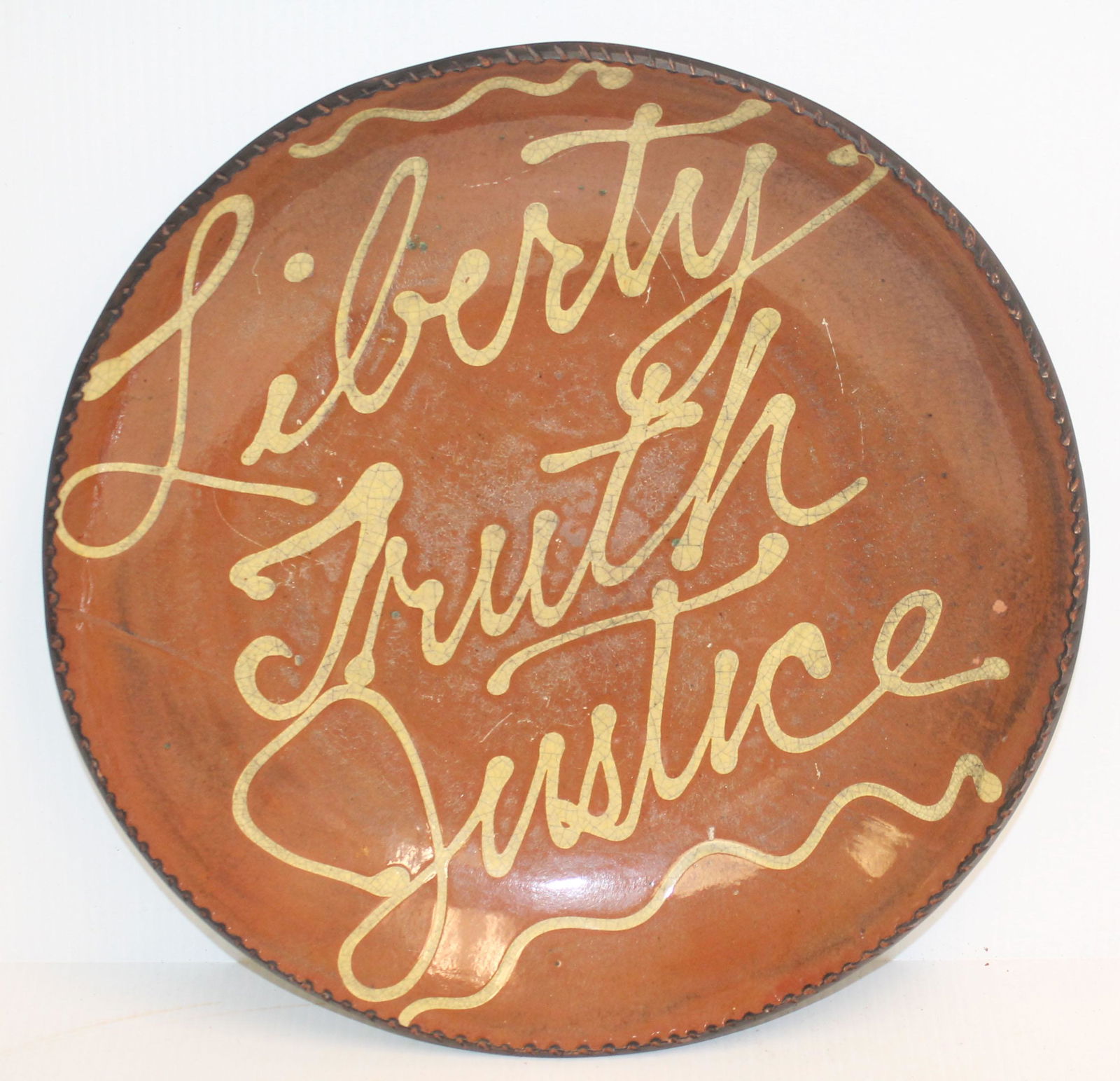 Lg contemporary Redware charger w slip dec "Liberty, (1 of 5)