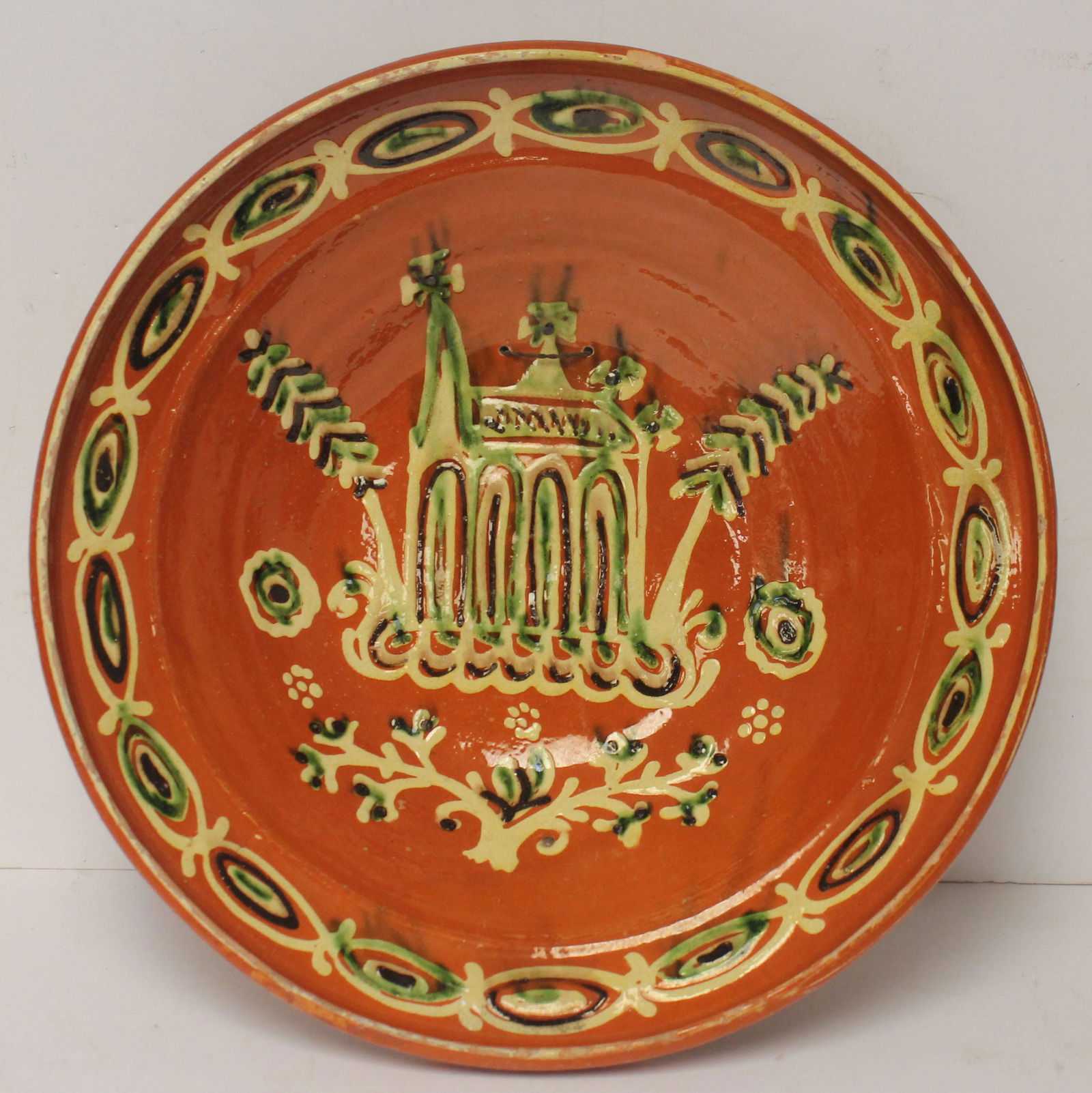 ca 1820 European redware milk pan w slip dec - 14 1/2" (1 of 4)