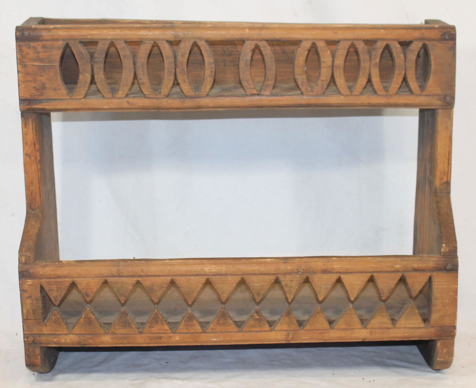 Antique carved wooden wall shelf w hanging hooks on (1 of 8)
