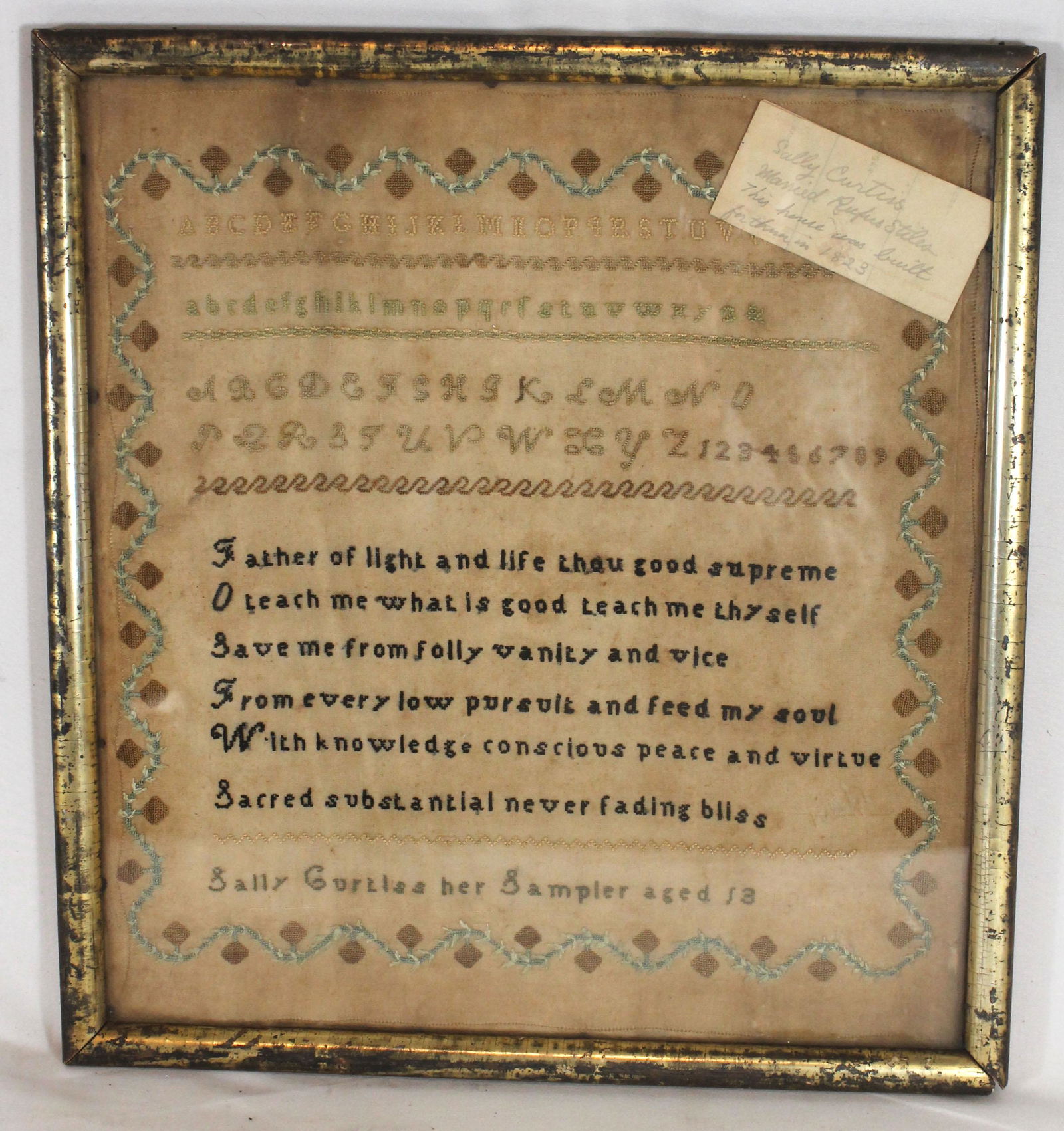 19thC sampler - Sally Curtiss age 13 - overall framed (1 of 5)