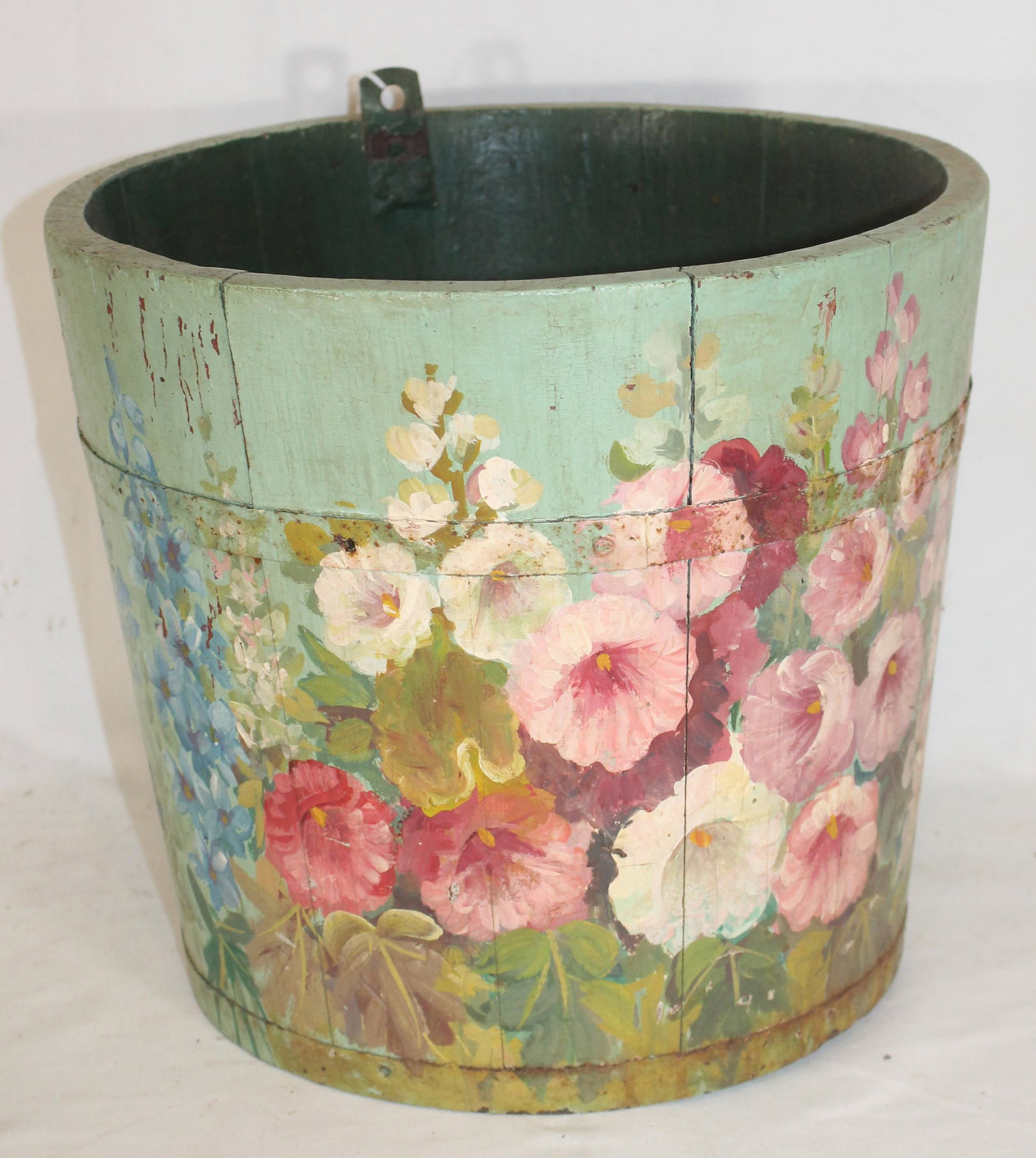Wooden paint dec sap bucket w later Vict floral paint -: Wooden paint dec sap bucket w later Vict floral paint - 11 1/4" tall x 12 3/4" diam