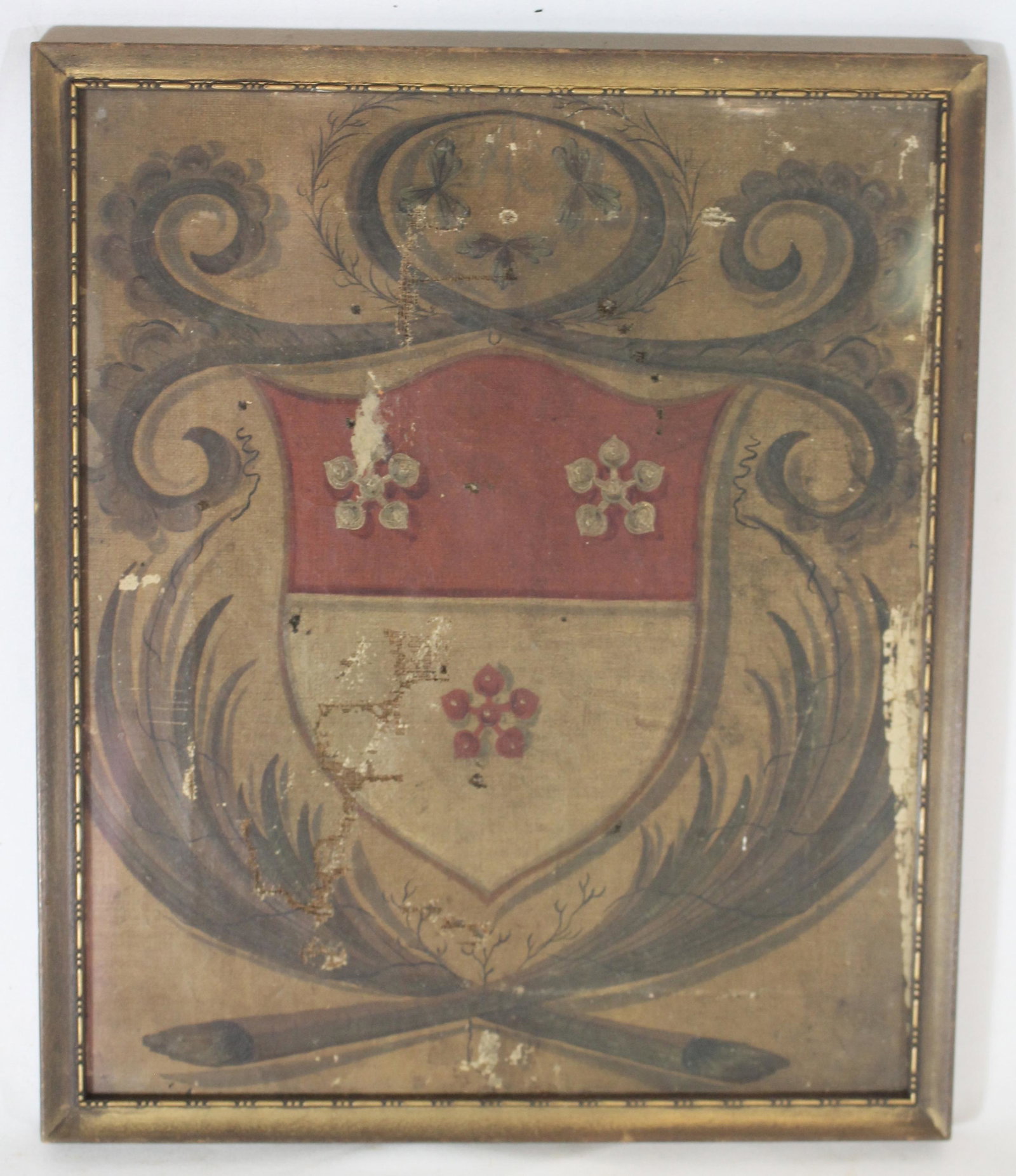 Antique o/c armorial - as found - 12 1/2" x 10 3/4": Antique o/c armorial - as found - 12 1/2" x 10 3/4" overall framed size