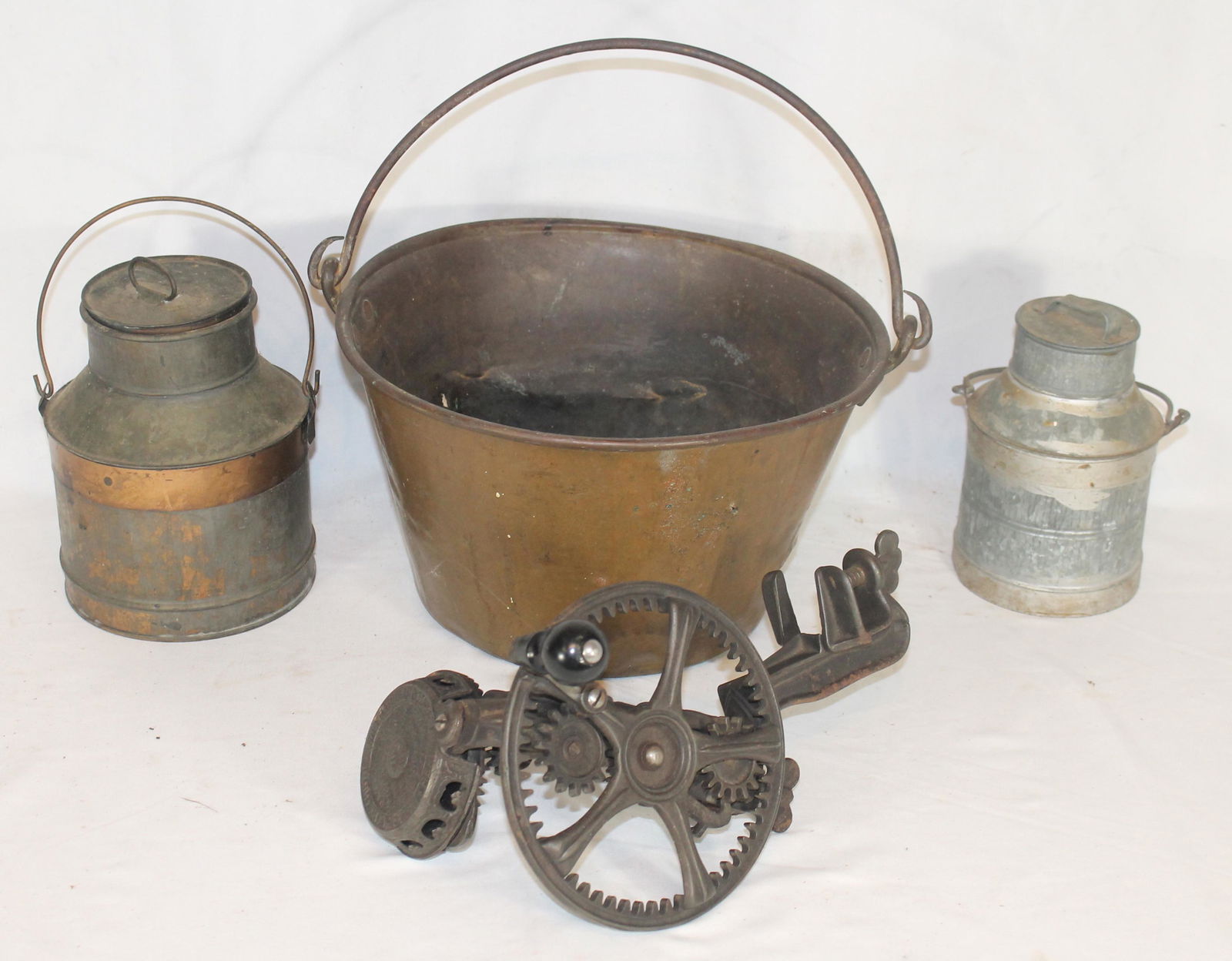 Brass bail handled pail plus an antique apple peeler & (1 of 7)