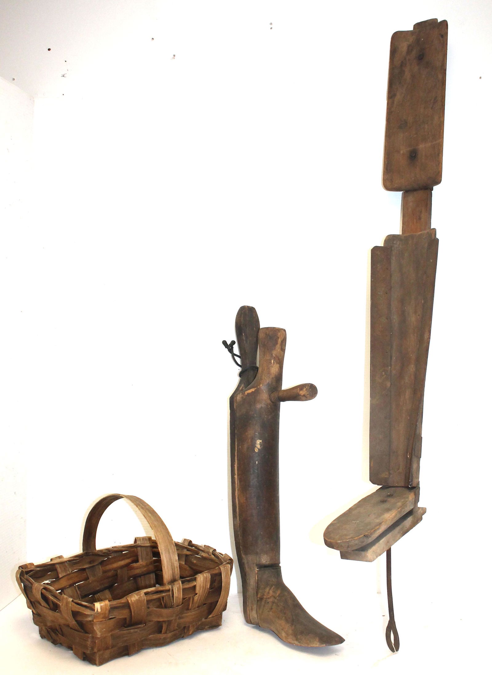 Antique lot incl early boot form, leg brace & basket (1 of 8)