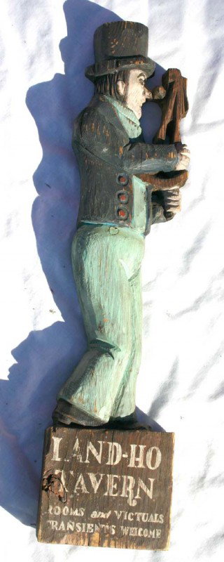 antique carved pine folk art figure of the "Marine: antique carved pine folk art figure of the "Mariner" sgnd by George Nathan (Providence, RI) for the Land-Ho tavern - 23 1/2" tall