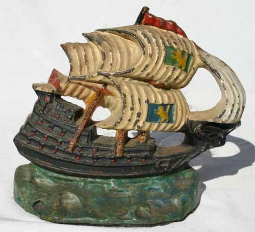 antique cast iron Spanish Galleon full masted ship: antique cast iron Spanish Galleon full masted ship doorstop - 8 1/2" tall x 9 3/4" long