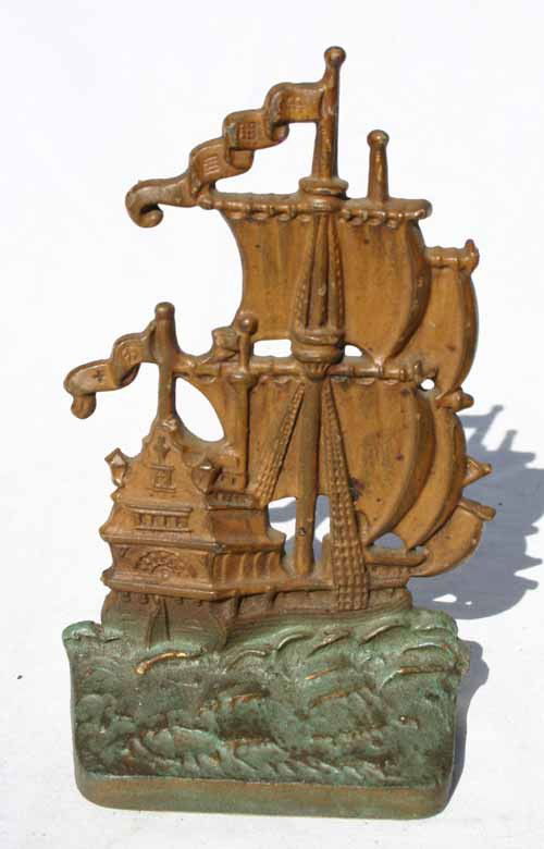 antique cast iron Spanish Galleon ship doorstop -: antique cast iron Spanish Galleon ship doorstop - 9" tall x 5 1/4" wide
