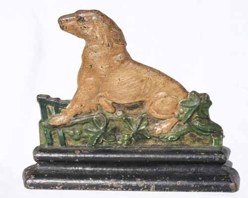 unusual antique cast iron dog in garden doorstop : unusual antique cast iron dog in garden doorstop - 7 1/2" tall x 9 1/2" wide